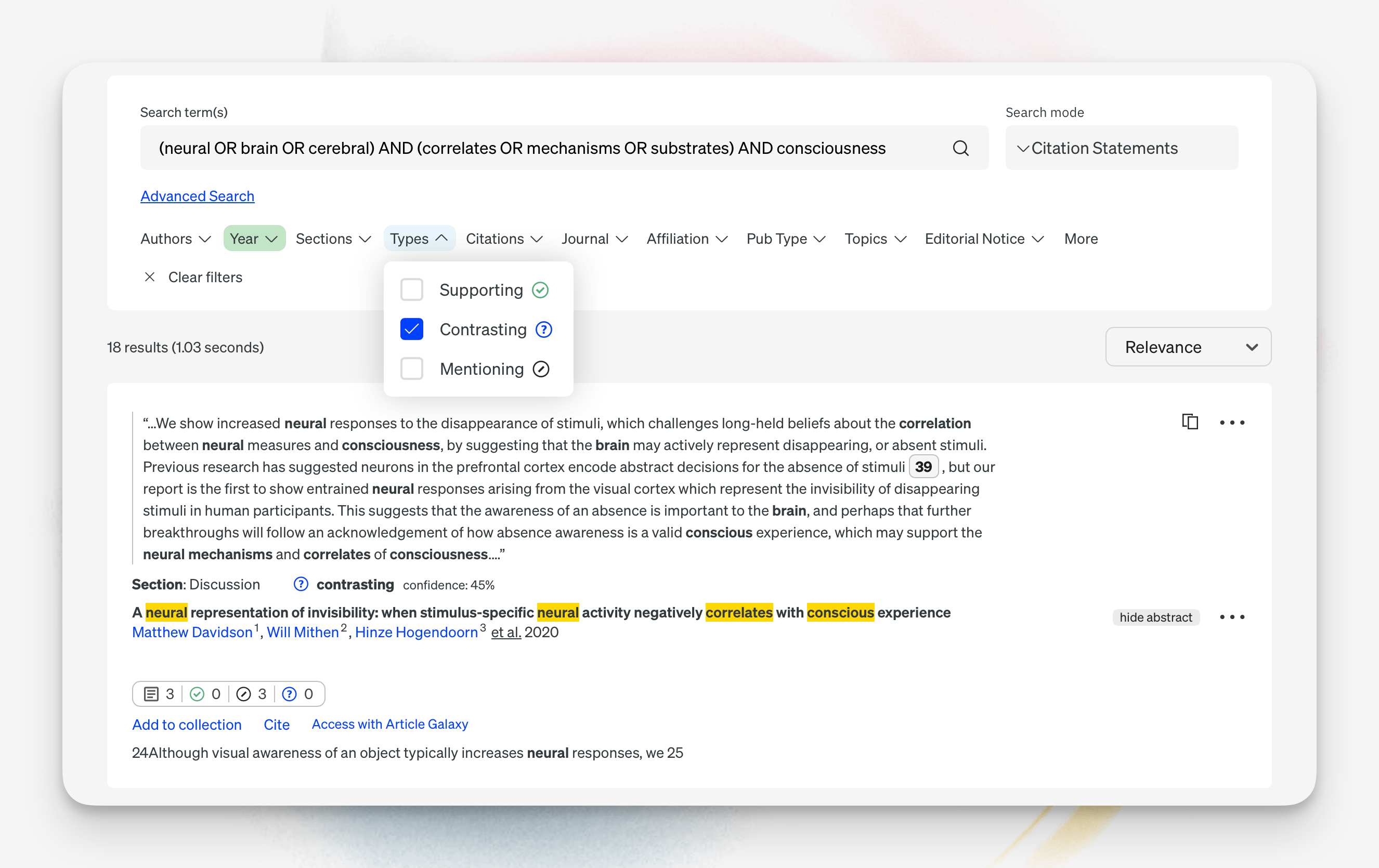Search results with filters applied