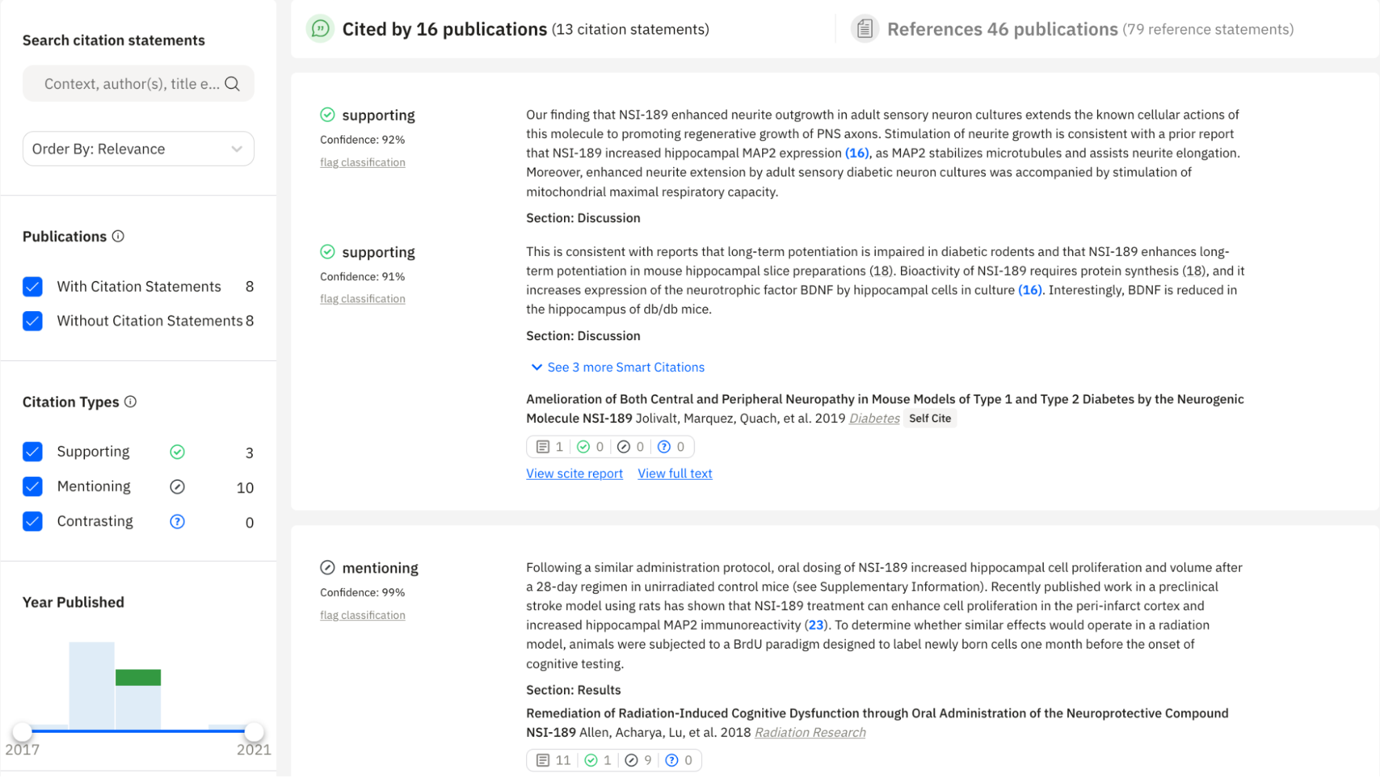 Example of a report page showing citation statements and how they talk about a publication of interest.