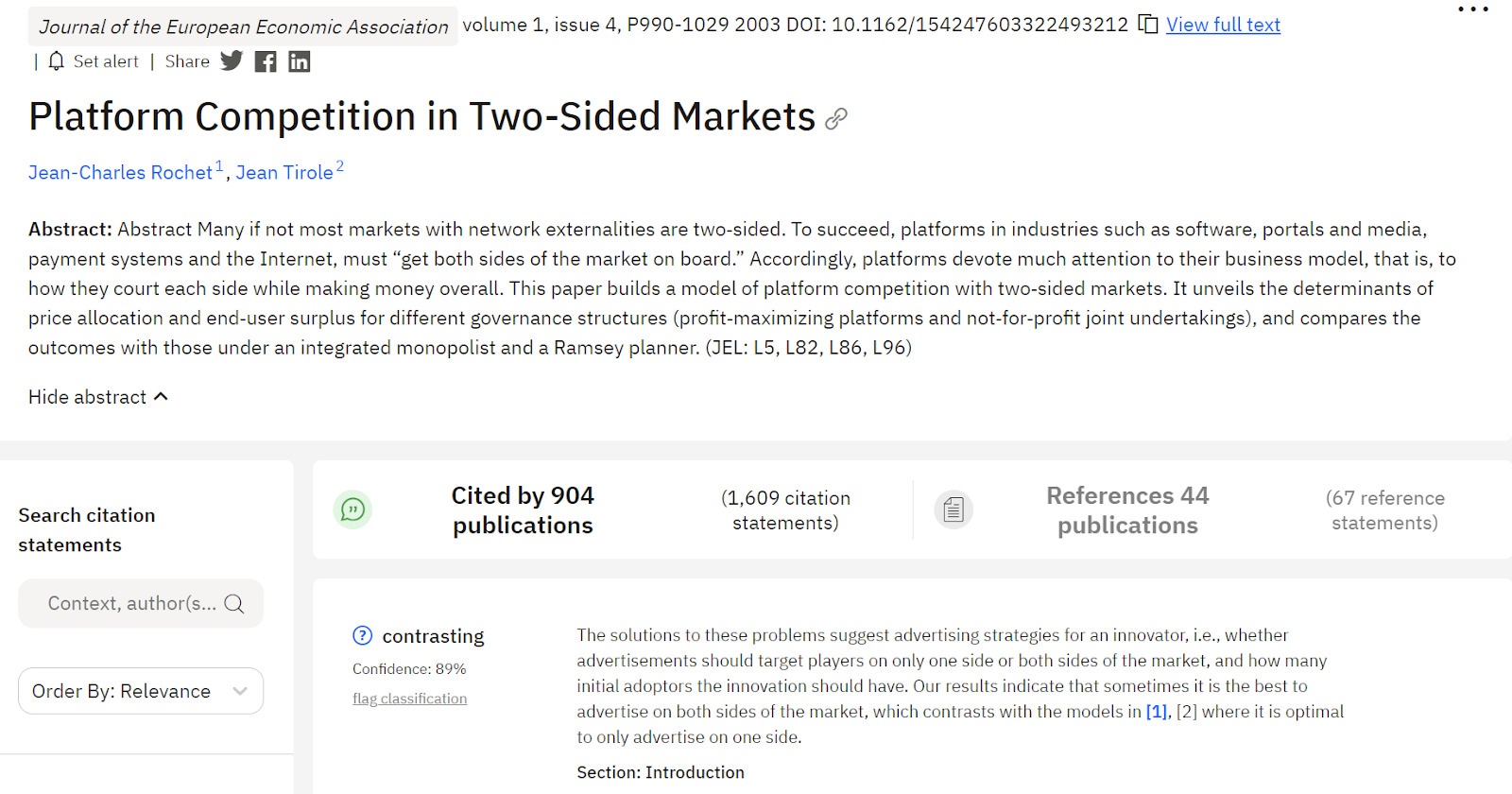 the scite report for Rochet and Tirole (2003)